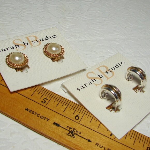Vtg Sarah B Studio 80s Clip-On EARRINGS x2 Pair: Faux Pearl & Hoop, MOC F97 - Picture 2 of 12